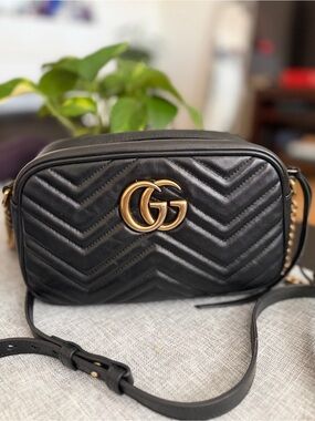 Gucci Black Chevron Quilted Leather Crossbody with Gold GG Logo